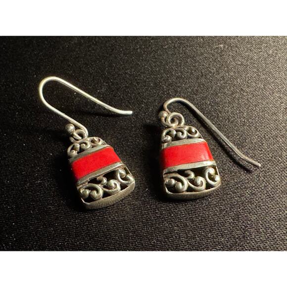Vintage Silver Tone Fish and Red Coral Dangle Earrings With  Vintage 925 Sterling Silver Coral Fish Hook Earrings